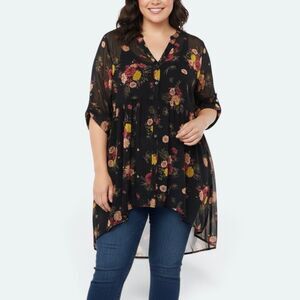 Torrid Lexie Black Red Floral Hi Low Babydoll Top Sz 1X